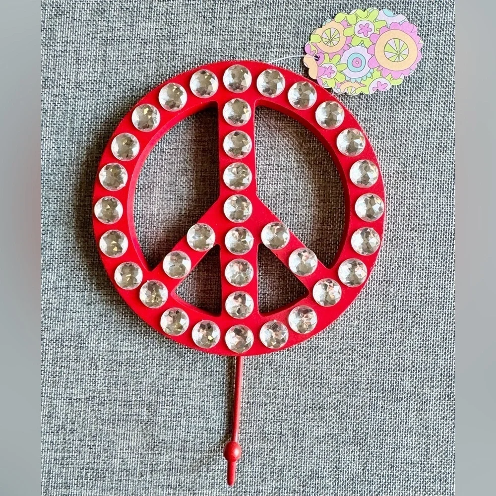 New Retro Style Red Peace Sign w/ Clear Rhinestones Wood & Metal Wall Hook 8.25”